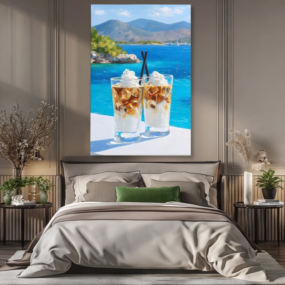 Tablou canvas cu pictura cu doua pahare de frappe pe malul marii, fara rama, pe sasiu de lemn, pe perete intr-un dormitor